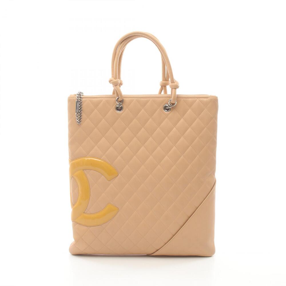 Chanel Cambon Flat Tote Bag Patent Vernis Leather Beige Brown